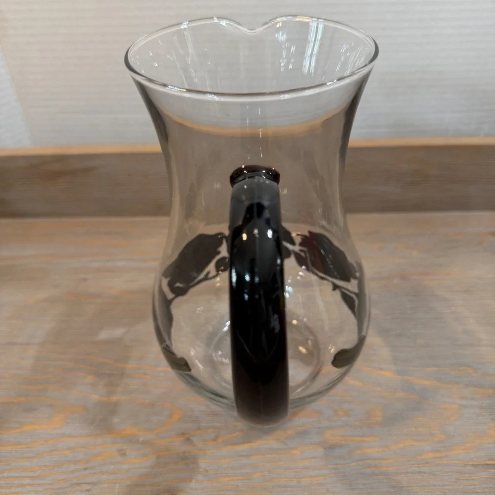 Vintage Arcoroc Hand Blown Glass Pitcher Black Handle Floral Charcoal Olive Gold